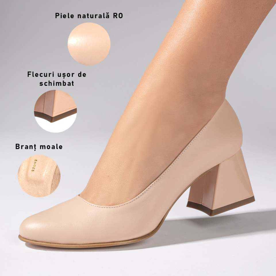 Pantofi Cu Toc Gros Eleganti Dama Nude Din Piele Naturala ZLZ06034 Elaza