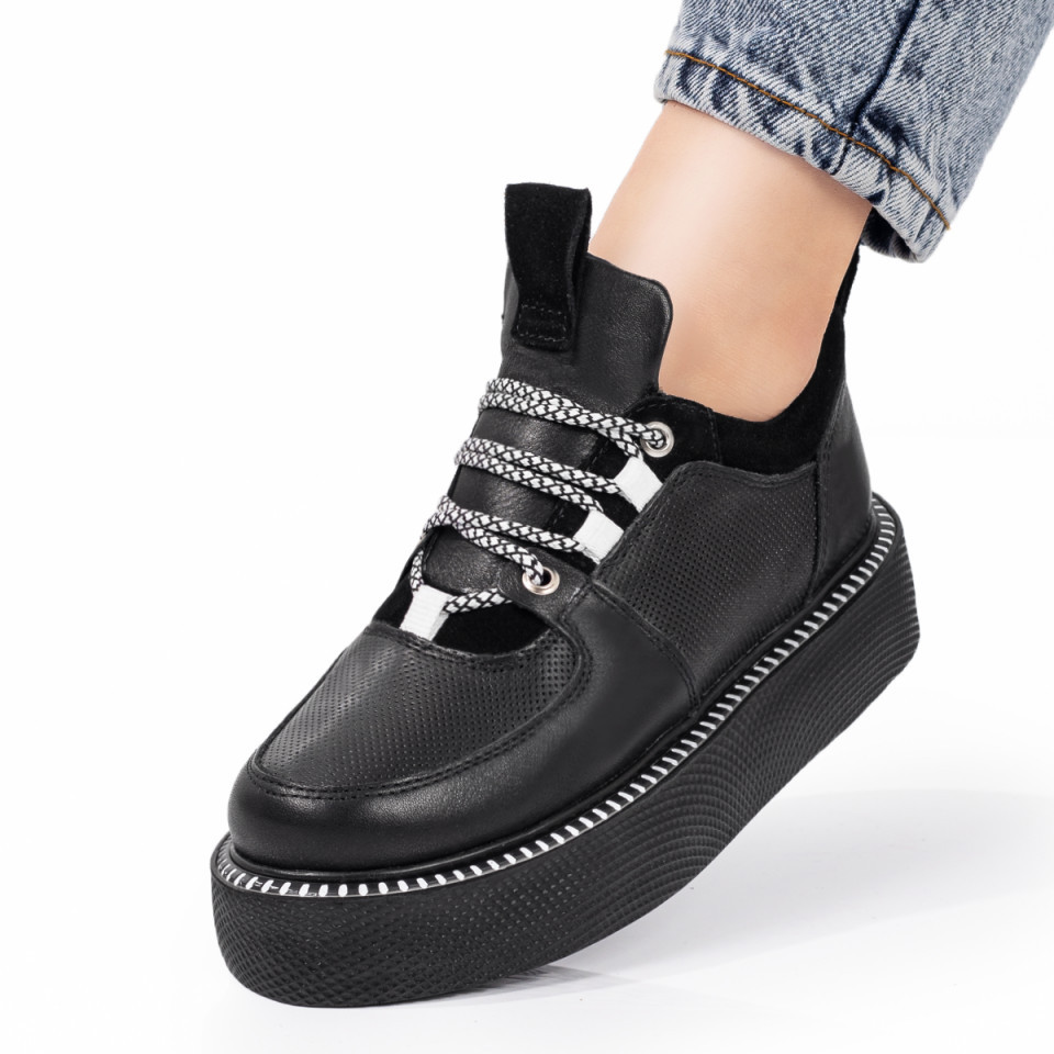 Pantofi Casual Dama Negri Din Piele Cu Talpa Groasa MOD03651 Modlet