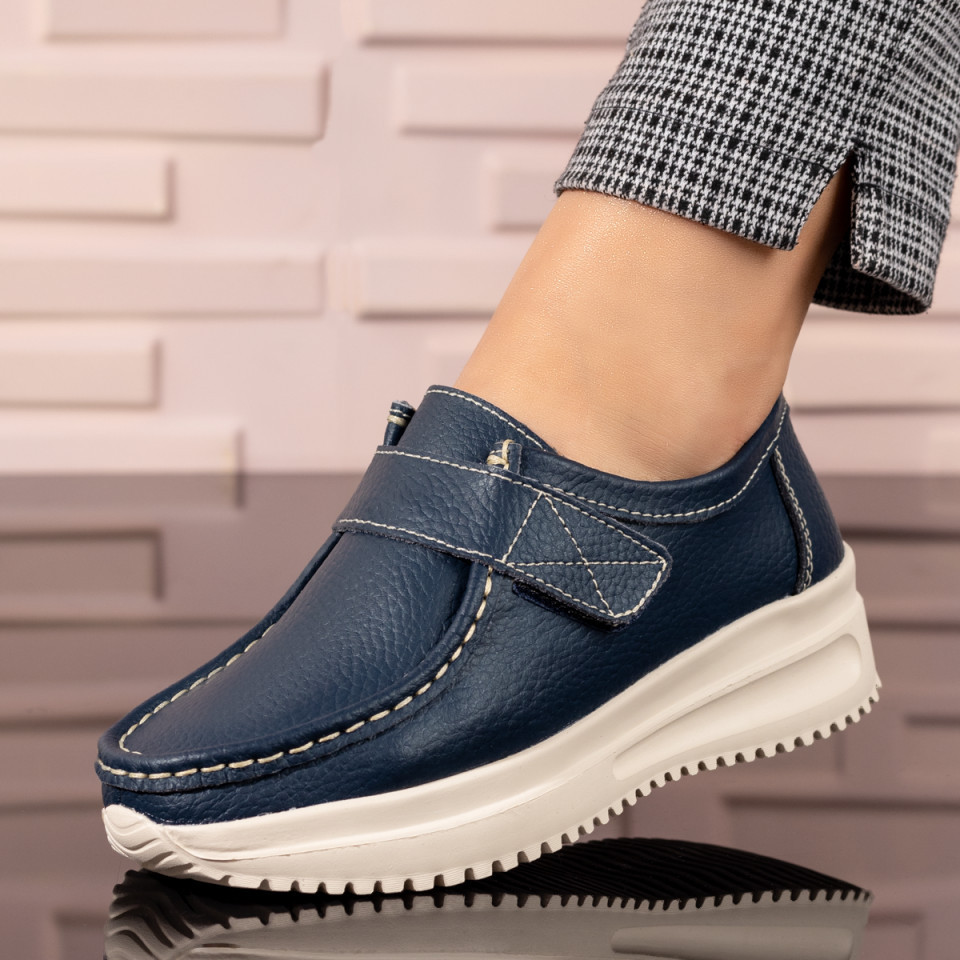 Pantofi Albastri Casual Dama Cu Platforma Din Piele Naturala Mod