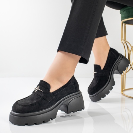 Pantofi casual dama cu accesoriu metalic si talpa groasa negri suede ZLZ11058, 2, elaza.ro