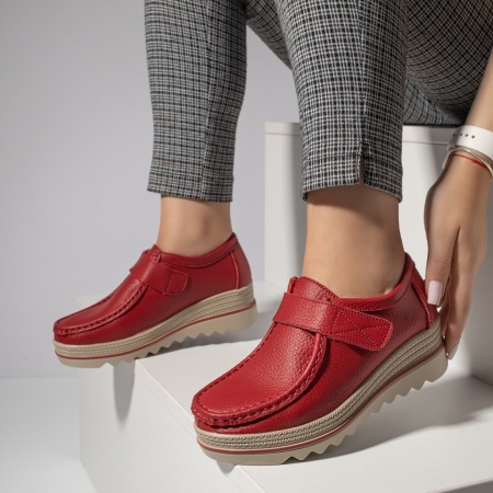 Pantofi casual dama, Pantofi casual dama cu platforma mica rosii din Piele naturala ZLZ06078, elaza.ro
