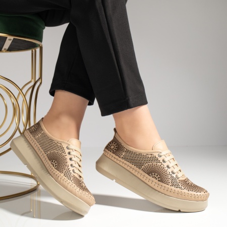 Pantofi casual dama cu siret si perforatii bej din Piele naturala ZLZ13303, 2, elaza.ro