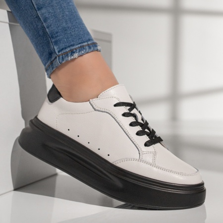 Pantofi casual dama cu talpa groasa alb cu negru din Piele naturala ZLZ06200, 2, elaza.ro