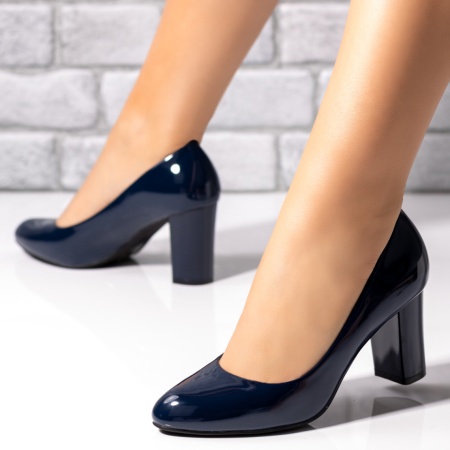 Pantofi cu toc gros, Pantofi dama cu toc albastri luciosi ZLZ02836, elaza.ro