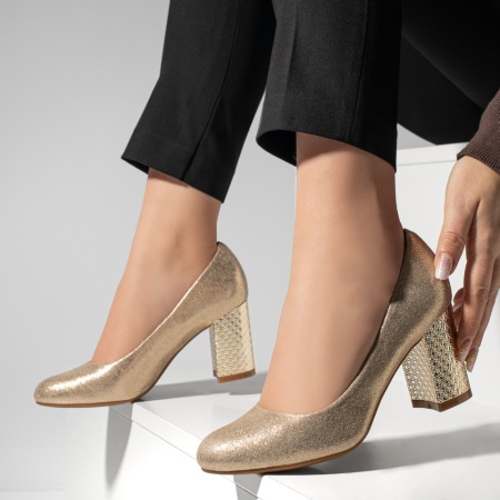 Pantofi cu toc gros, Pantofi dama cu toc aurii ZLZ02830, elaza.ro