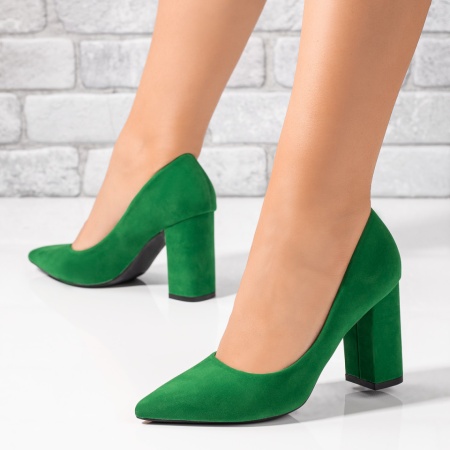 Pantofi cu toc gros, Pantofi dama cu toc gros verde suede ZLZ06129, elaza.ro