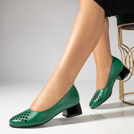 Pantofi cu toc mic, Pantofi dama cu toc mic verzi din Piele naturala ZLZ12144, elaza.ro