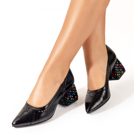 Pantofi dama cu toc multicolor si perforatii negri din Piele naturala ZLZ10240