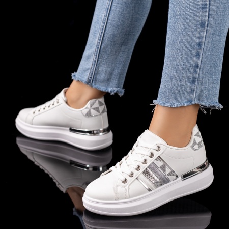 Pantofi sport dama, Tenisi dama albi cu argintiu ZLZ09604, elaza.ro