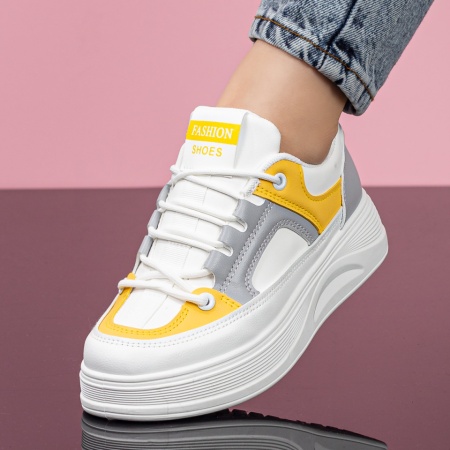 Pantofi sport dama, Tenisi dama cu talpa groasa albi cu galben si gri ZLZ07827, elaza.ro