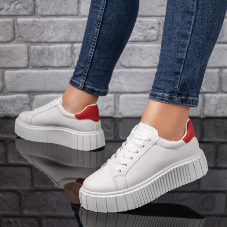 Pantofi sport dama, Tenisi dama cu talpa groasa albi cu rosu ZLZ05868, elaza.ro