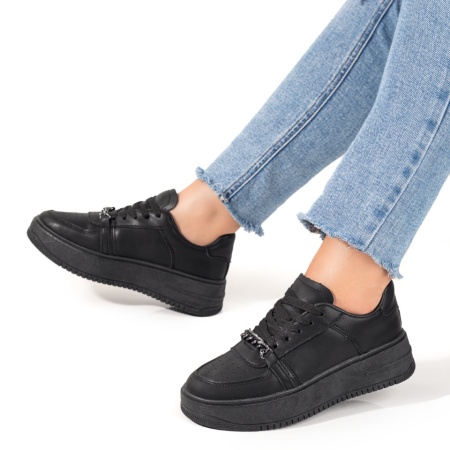 Pantofi sport dama, Tenisi dama negri cu siret si accesoriu decorativ ZLZ03272, elaza.ro