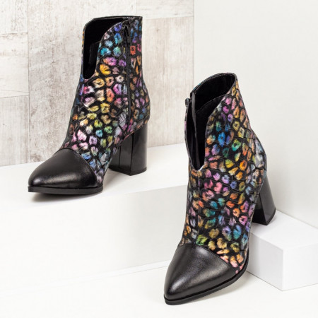 Botine dama, Botine dama cu toc si fermoar cu print multicolor din Piele naturala ZLZ07304, elaza.ro