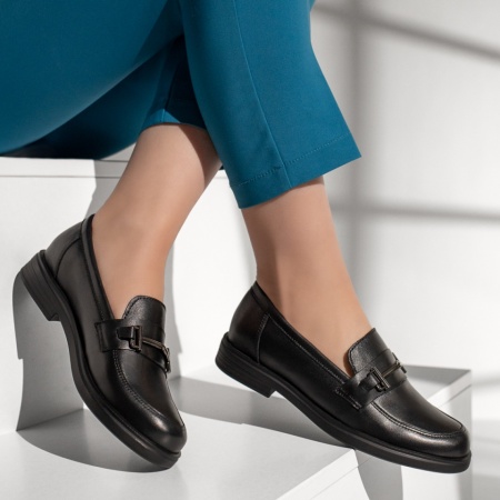 Pantofi casual dama cu accesoriu metalic negri din Piele naturala ZLZ13137, 2, elaza.ro
