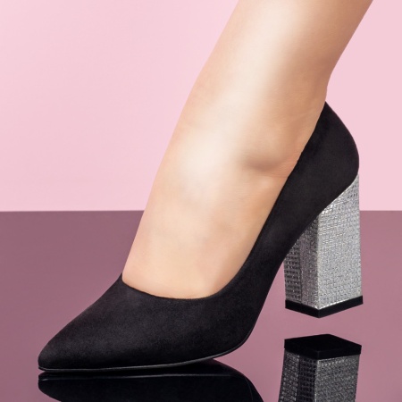 Pantofi cu toc gros dama negri suede ZLZ08378, 2, elaza.ro