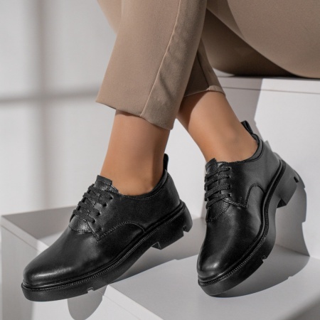 Pantofi casual dama, Pantofi dama casual cu siret si talpa groasa negri din Piele naturala ZLZ12045, elaza.ro