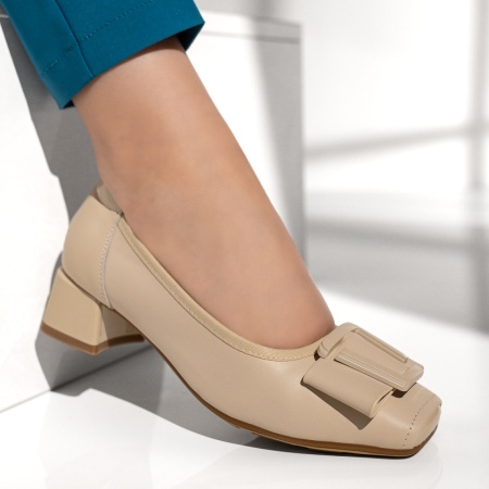 Pantofi dama cu toc gros si accesoriu decorativ bej din Piele naturala ZLZ13117, 2, elaza.ro