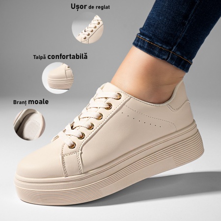 Pantofi sport dama, Tenisi dama bej cu siret si talpa groasa ZLZ10950, elaza.ro