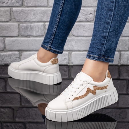 Pantofi sport dama, Tenisi dama cu talpa groasa albi cu auriu ZLZ05869, elaza.ro