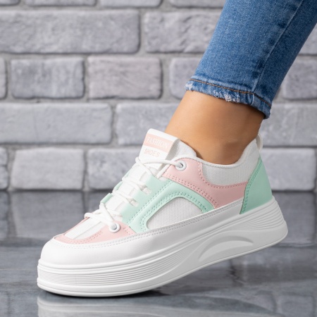 Pantofi sport dama, Tenisi dama cu talpa groasa albi cu verde ZLZ09261, elaza.ro