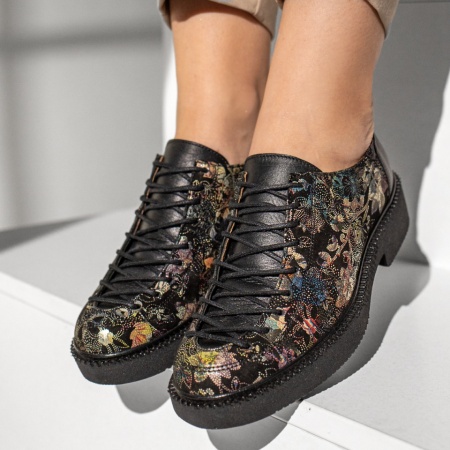 Pantofi casual dama cu siret si imprimeu negri din Piele naturala ZLZ03549, 3, elaza.ro