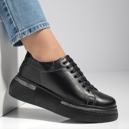 Pantofi casual dama cu talpa groasa negri din Piele naturala ZLZ08254, 3, elaza.ro
