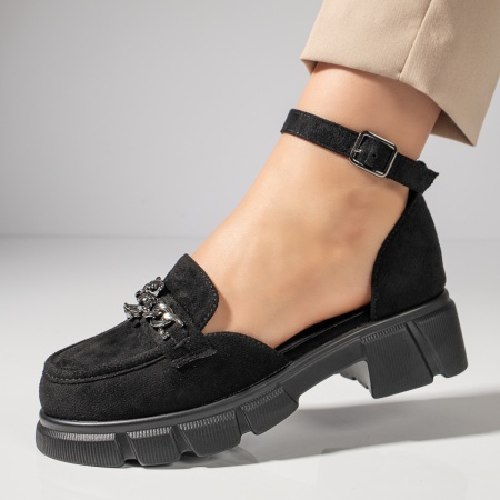 Pantofi casual dama, Pantofi casual dama negri suede cu accesoriu metalic si catarama ZLZ11841, elaza.ro