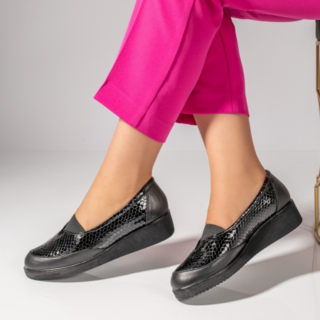 Pantofi dama casual cu platforma negri cu print din Piele naturala ZLZ03550, 3, elaza.ro