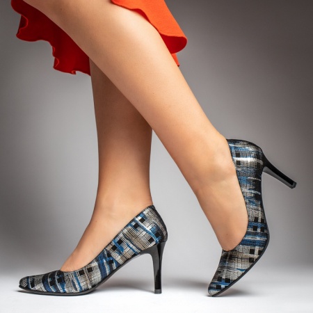 Pantofi Stiletto, Pantofi dama cu toc subtire si imprimeu negri din Piele naturala ZLZ12926, elaza.ro