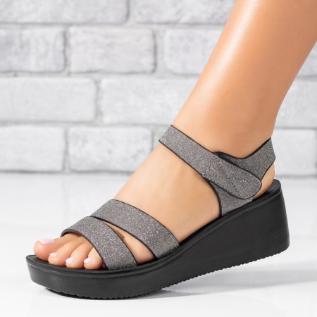 Sandale dama, Sandale dama gri glitter cu platforma si inchidere cu scai ZLZ04192, elaza.ro