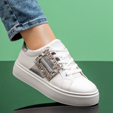 Pantofi sport dama, Tenisi dama albi cu argintiu cu accesoriu decorativ ZLZ08108, elaza.ro