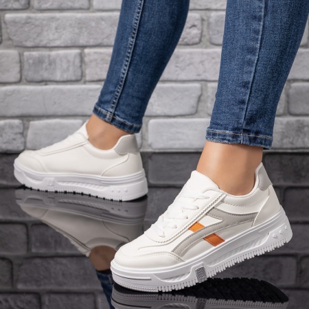 Pantofi sport dama, Tenisi dama albi cu gri si portocaliu ZLZ09711, elaza.ro