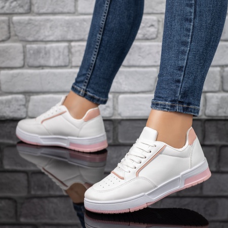 Pantofi sport dama, Tenisi dama cu siret albi cu roz ZLZ09716, elaza.ro