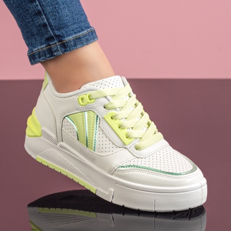 Pantofi sport dama, Tenisi dama cu siret albi cu verde ZLZ08644, elaza.ro