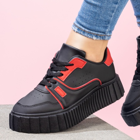 Pantofi sport dama, Tenisi dama negri cu rosu si talpa groasa ZLZ05870, elaza.ro