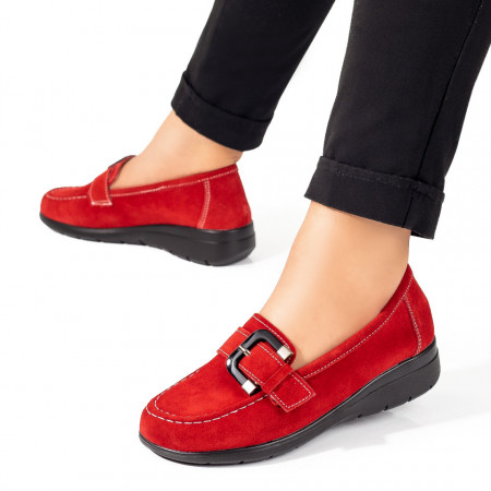 Mocasini dama cu catarama decorativa rosii suede din Piele naturala ZLZ09884
