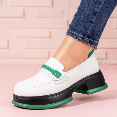 Mocasini dama cu talpa groasa albi cu verde din Piele naturala ZLZ09881