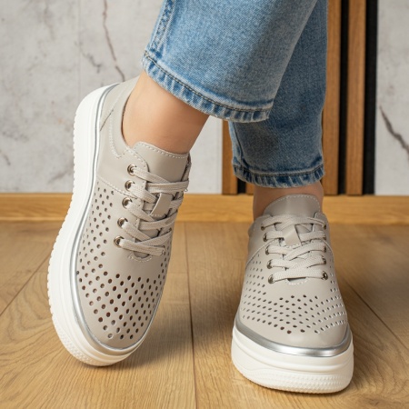 Pantofi casual dama cu siret si perforatii gri din Piele naturala ZLZ13245, 1, elaza.ro