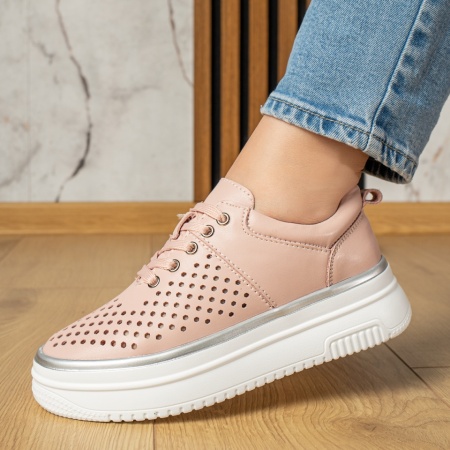 Pantofi casual dama, Pantofi casual dama cu siret si perforatii roz din Piele naturala ZLZ13245, elaza.ro