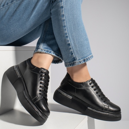 Pantofi casual dama cu talpa groasa negri din Piele naturala ZLZ08254, 4, elaza.ro