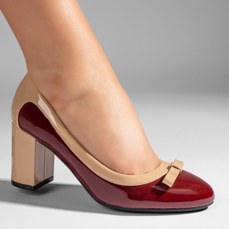 Pantofi cu toc gros, Pantofi cu toc gros bej cu visiniu luciosi ZLZ10986, elaza.ro