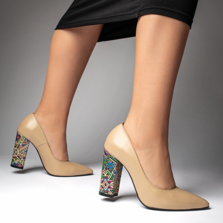 Pantofi dama bej inchis cu toc gros multicolor din Piele naturala ZLZ12738, 2, elaza.ro