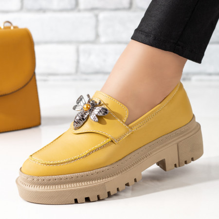 Pantofi dama casual galbeni cu talpa bej din Piele naturala cu aplicatii metalice ZLZ04117, 2, elaza.ro