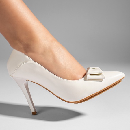 Pantofi cu toc, Pantofi dama cu toc subtire albi cu fundita ZLZ10961, elaza.ro