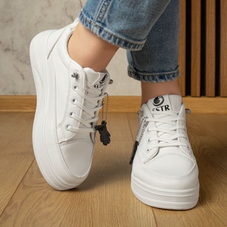 Pantofi sport dama, Tenisi dama cu siret elastic alb cu negru ZLZ11096, elaza.ro