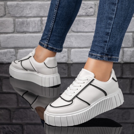 Pantofi sport dama, Tenisi dama cu siret si talpa groasa albi cu negru ZLZ09715, elaza.ro