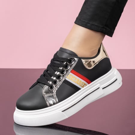 Pantofi sport dama, Tenisi dama cu talpa groasa negri cu argintiu ZLZ08248, elaza.ro