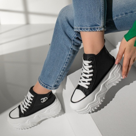 Pantofi sport dama, Tenisi dama cu talpa groasa negru cu alb ZLZ12992, elaza.ro