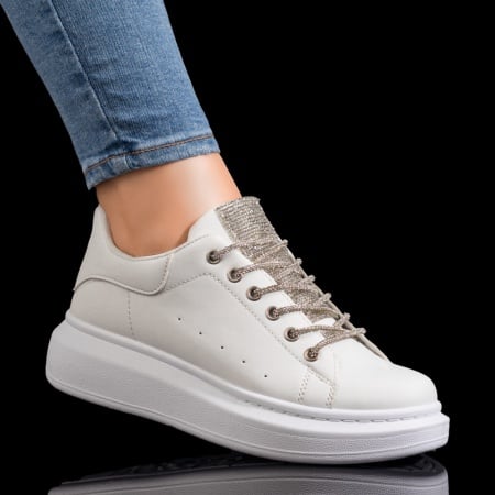 Pantofi sport dama, Tenisi dama cu talpa groasa si strasuri albi ZLZ09253, elaza.ro