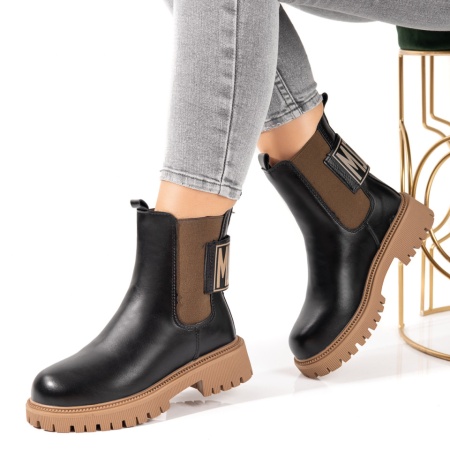Ghete fara toc, Ghete dama cu insertie de material elastic negre cu maro ZLZ10694, elaza.ro